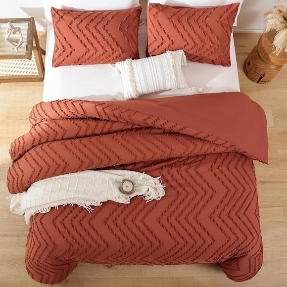Chevron Texture Pumpkin Terra Cotta Queen Size Bed Comforter Set Bedding Orange - Picture 1 of 11